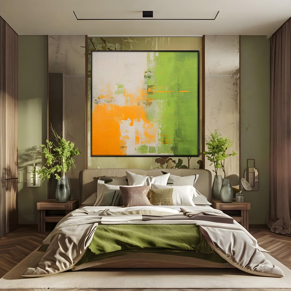 Tablou canvas cu pictura abstracta cu portocaliu si verde, in rama de aluminiu negru, pe perete intr-un dormitor